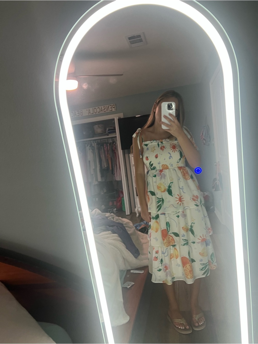 Francesca's Collections Cream Citrus & Floral Tie-Shoulder Tiered Midi Dress